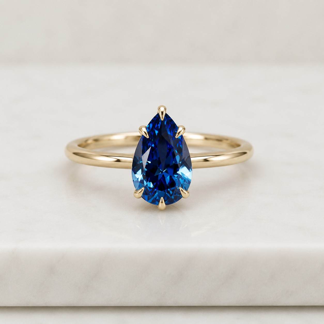 dainty pear sapphire solitaire engagement ring rounded bead prong minimalist yellow gold ring birthstone ring anniversary gift for women
