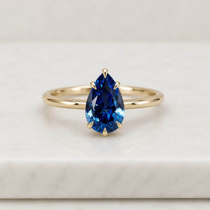 Dainty Pear Sapphire Solitaire Engagement Ring Rounded Bead Prong Minimalist Yellow Gold Ring Birthstone Ring Anniversary Gift For Women
