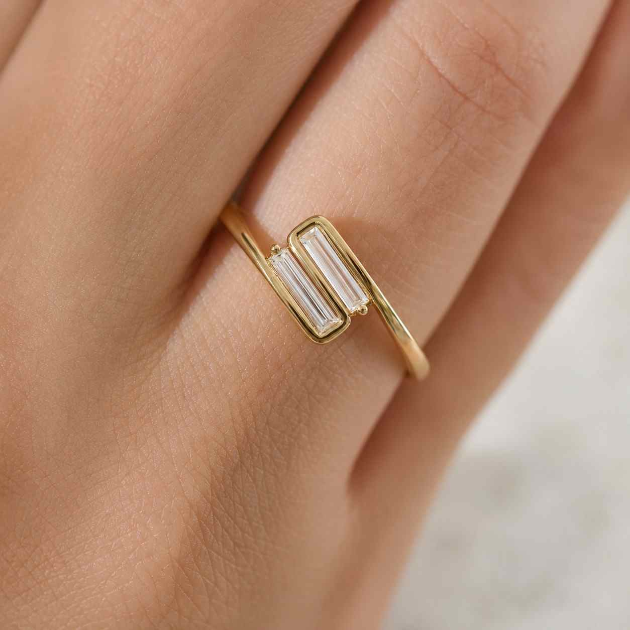 dainty toi et moi ring, baguette moissanite engagement ring, 14k gold bypass minimalist two stone wedding ring, unique anniversary gift
