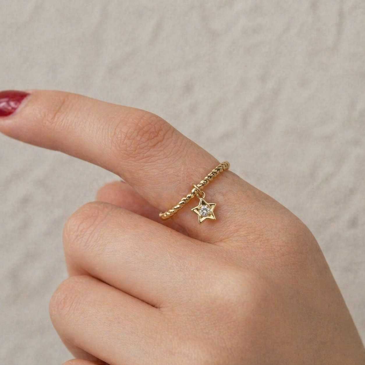 Dainty zircon star ring, Thin band ring with star charm pendant, Gold adjustable ring, Winter jewelry, Zircon diamond star ring
