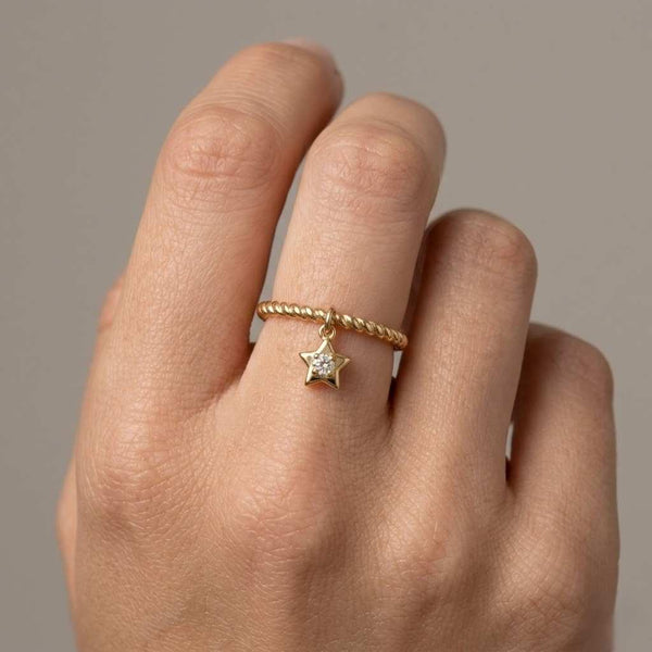Dangle Star Ring with Diamond, Twisted Band, Gold Plated Celestial Jewelry
