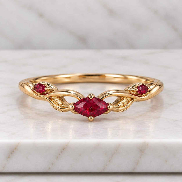 Delicate Ruby Gold Stacking Leaf Band, Marquise Cut Opal And Ruby Leaf Ring, Matching Bridal Ring, Unique Jewelry
