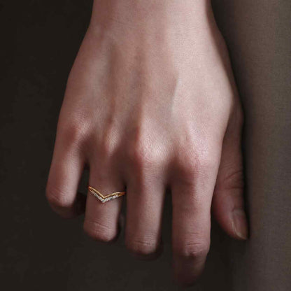 Delicate Solid Gold Chevron Diamond Wedding Band Vintage Stacking Curved Band Baguette & Round Lab Grown Diamond Matching Ring Gifts For Her
