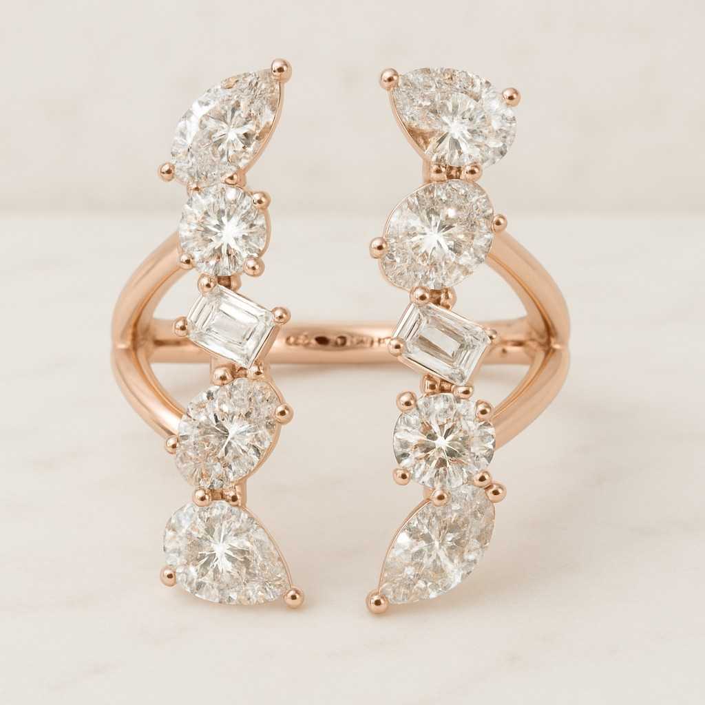 Yellow Gold Leaf Engraved Nature Inspired Wedding Ring Cluster Diamond Promise Rings For Women