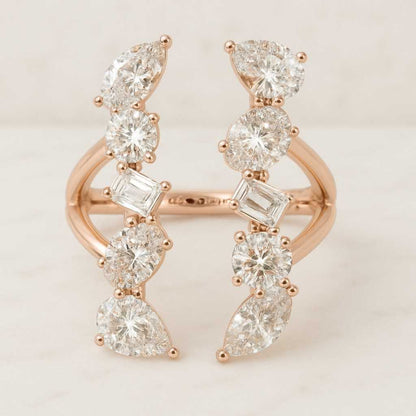 Yellow Gold Leaf Engraved Nature Inspired Wedding Ring Cluster Diamond Promise Rings For Women