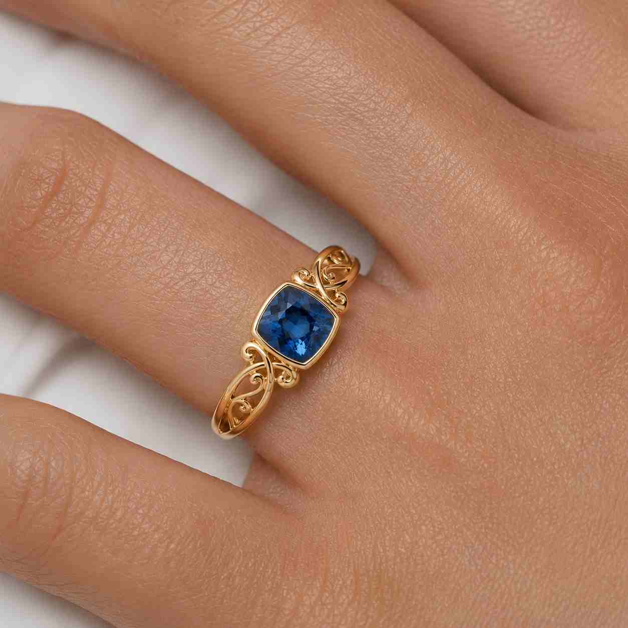 Diamond 18K yellow Gold engagement ring Cushion cut Natural London Blue Topaz ring for her handmade elegant band Royal Vintage ring
