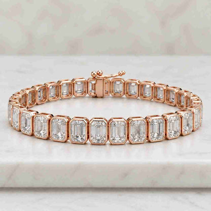 Lab Grown Diamond Bezel Set Tennis Bracelet, Dainty Emerald Cut Diamond Bracelets 14K Gold
