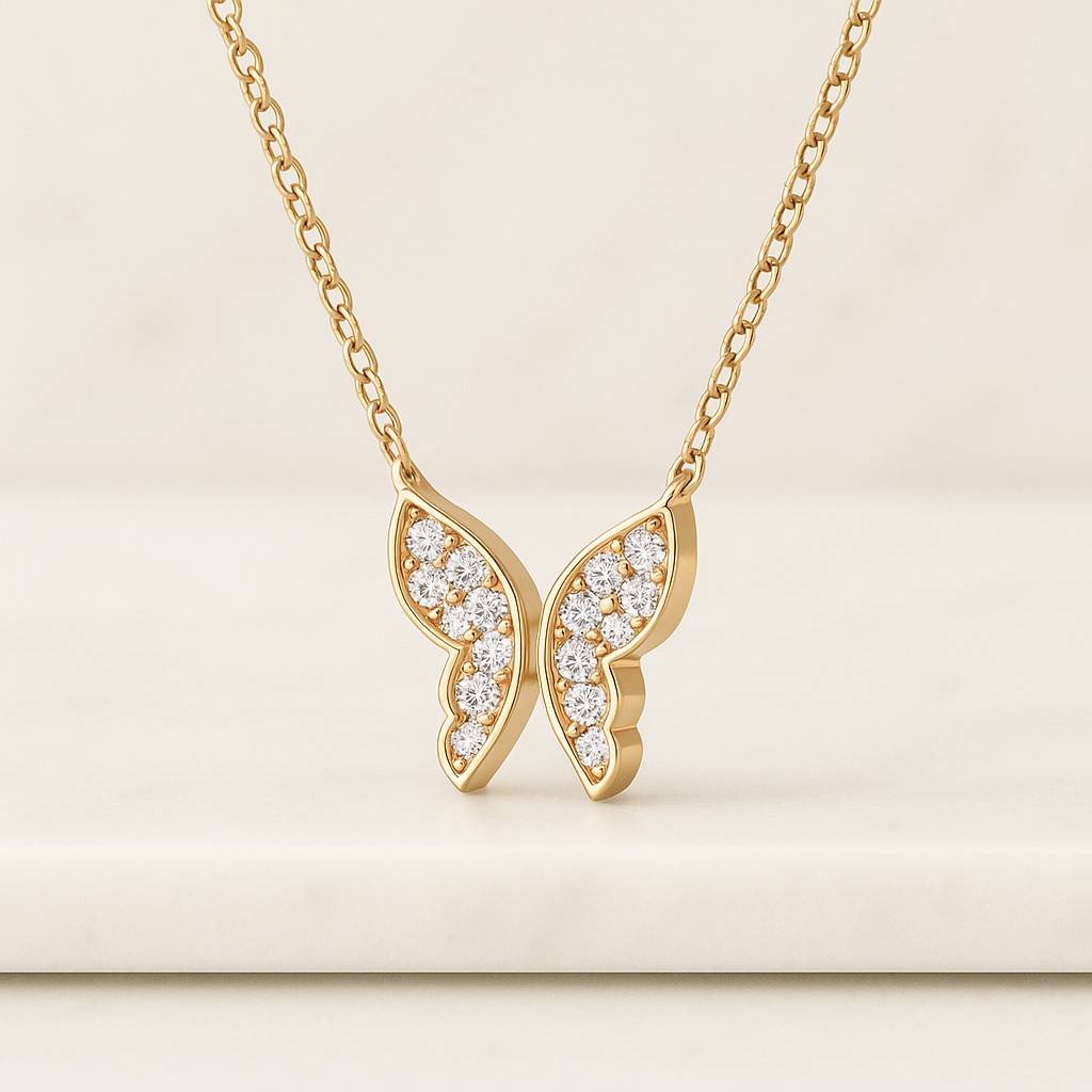 Diamond Butterfly Necklace 14k 18k Real Gold Round Cut Sparkling Lab Grown Dainty Delicate Layering Solitaire