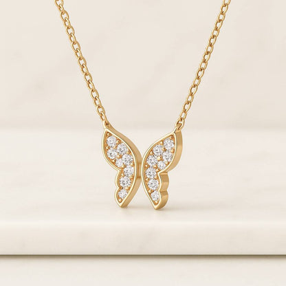 Diamond Butterfly Necklace 14k 18k Real Gold Round Cut Sparkling Lab Grown Dainty Delicate Layering Solitaire