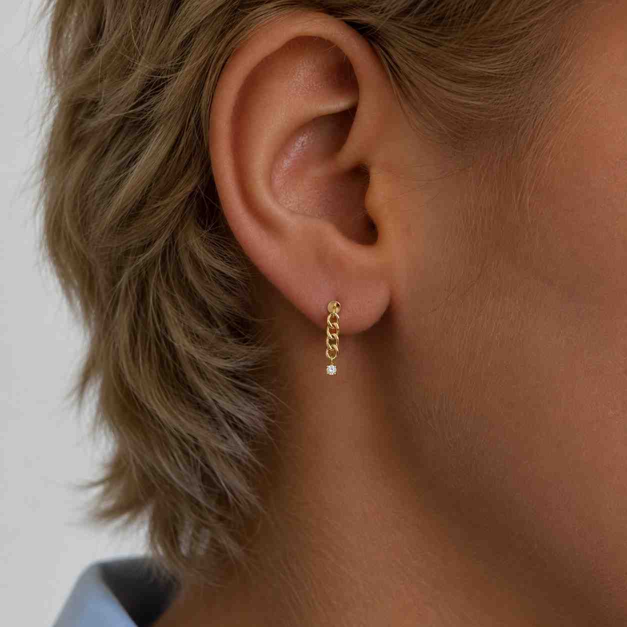 Diamond Chain Dangle Stud, 14K Gold Labret Internally Threaded, Lab Grown or Natural Diamond, Drape Chain Earring, Cartilage Chain Piercing
