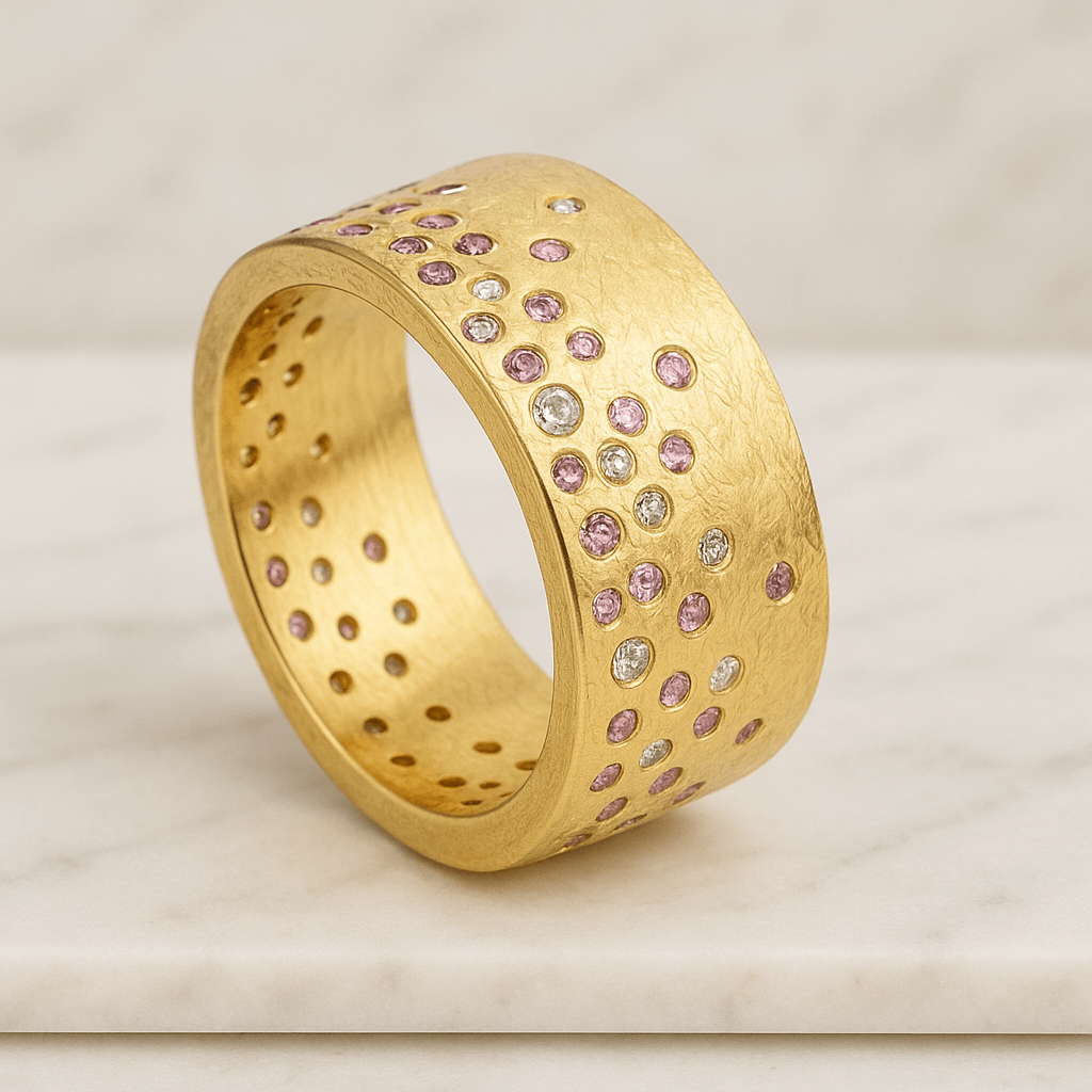 Yellow Gold Engagement Band, Unique Cigar Band with Flush Diamond