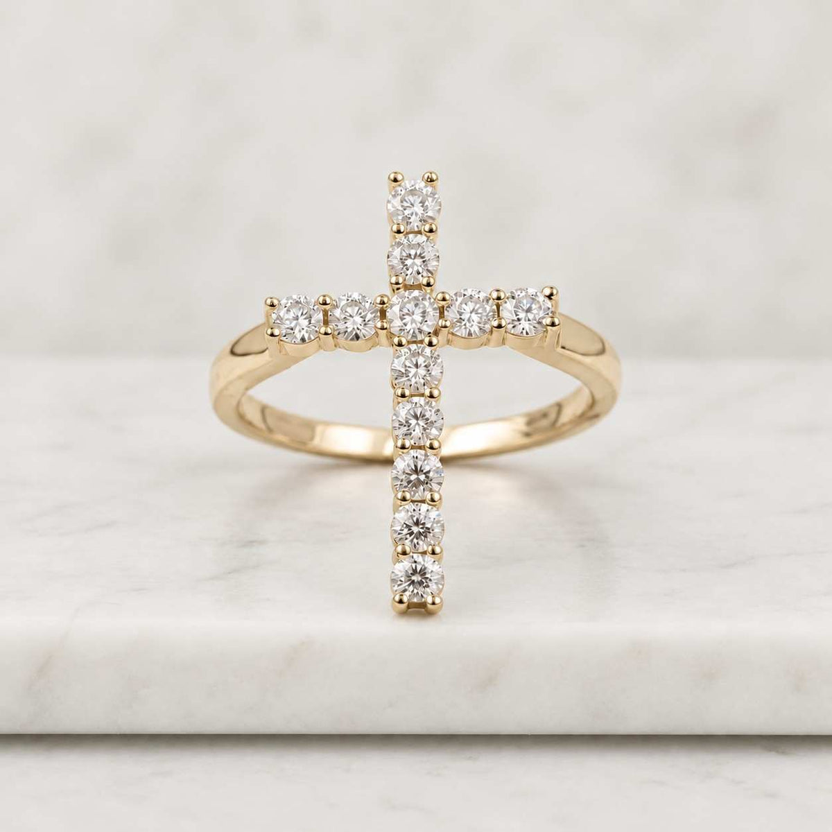 Diamond Cross Double Band Ring, Christian Faith Yellow Gold Ring, Unique Religious Jewelry
