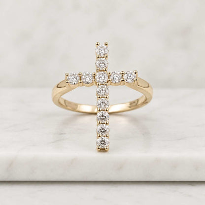 Diamond Cross Double Band Ring, Christian Faith Yellow Gold Ring, Unique Religious Jewelry
