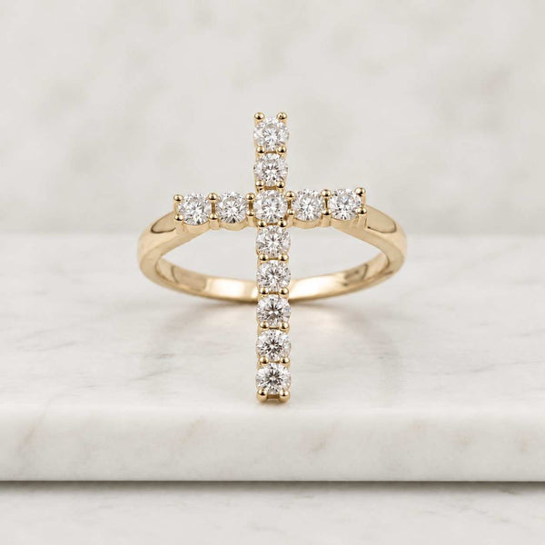 Diamond Cross Double Band Ring, Christian Faith Yellow Gold Ring, Unique Religious Jewelry
