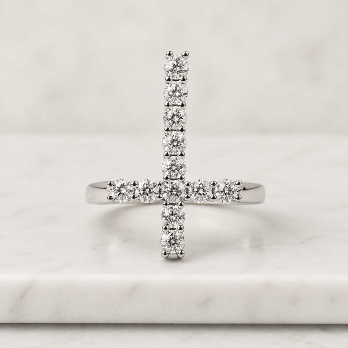 Moissanite Diamond Cross Ring, 14K Solid Gold Round Cut Christian Jewelry

