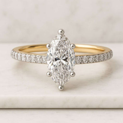 Diamond Engagement Ring Set Genuine Lab Grown Diamond Rings Curved Matching Band with Anniversary Ring Unique Marquise Bridal Set