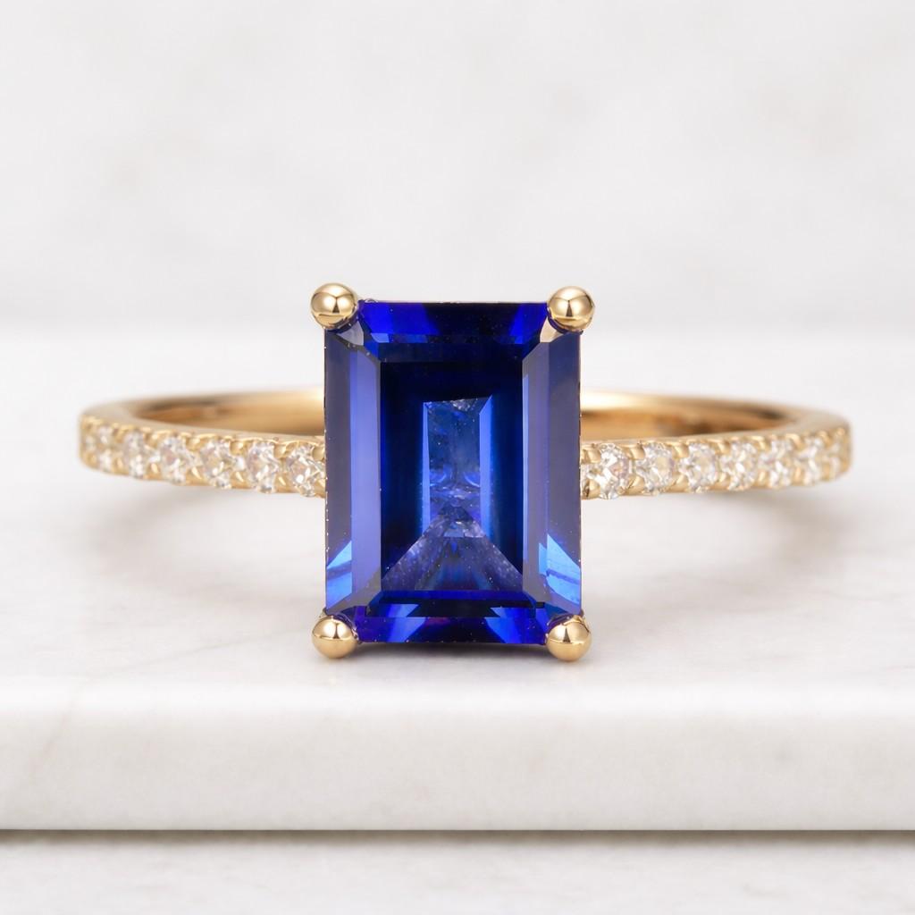 8x10mm blue sapphire engagement ring hidden halo emerald cut lab sapphire engagement ring women gold wedding ring promise ring anniversary
