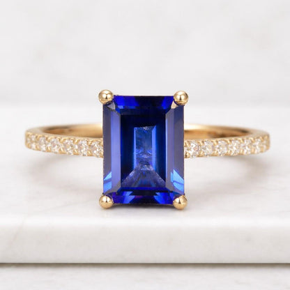 8x10mm Blue Sapphire Engagement Ring Hidden Halo Emerald Cut Lab Sapphire Engagement Ring Women Gold Wedding Ring Promise Ring Anniversary
