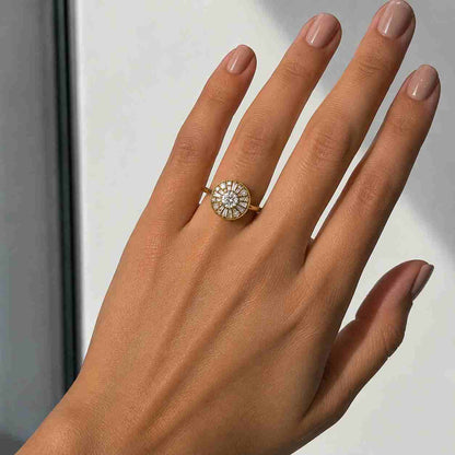 Diamond Halo Ring Sunburst Baguette Engagement Ring Vintage Style Bridal Ring Unique Statement Ring Promise Ring For Women