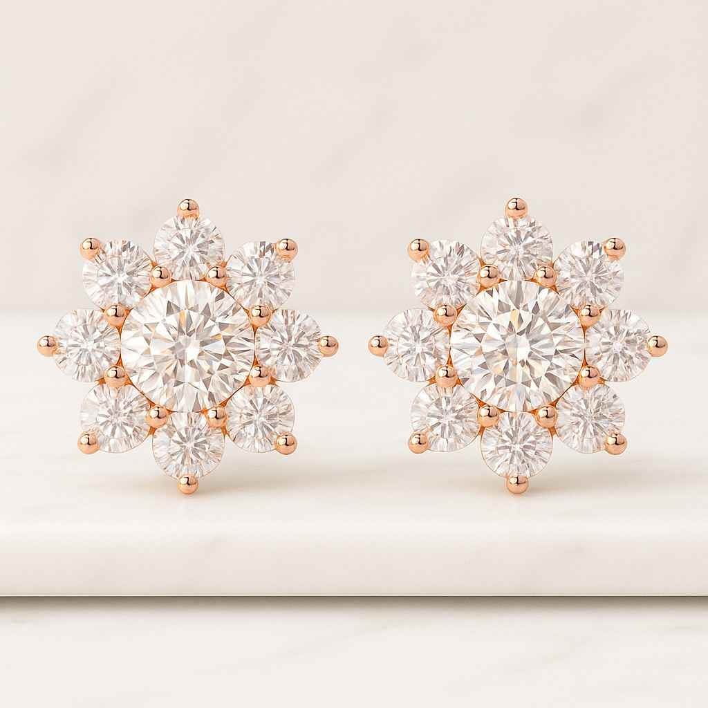 Diamond Halo Stud Earrings 18K Gold Round Solitaire Cluster, Brilliant Cut Wedding Anniversary Gift for Her