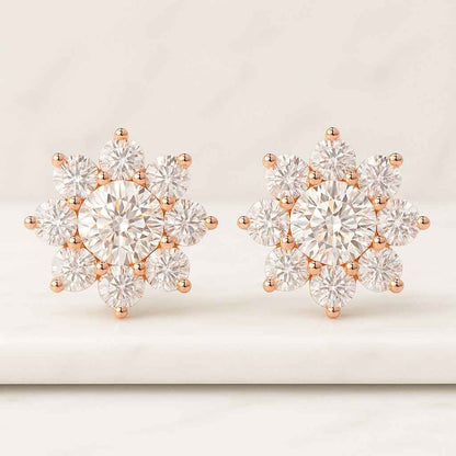 Diamond Halo Stud Earrings 18K Gold Round Solitaire Cluster, Brilliant Cut Wedding Anniversary Gift for Her