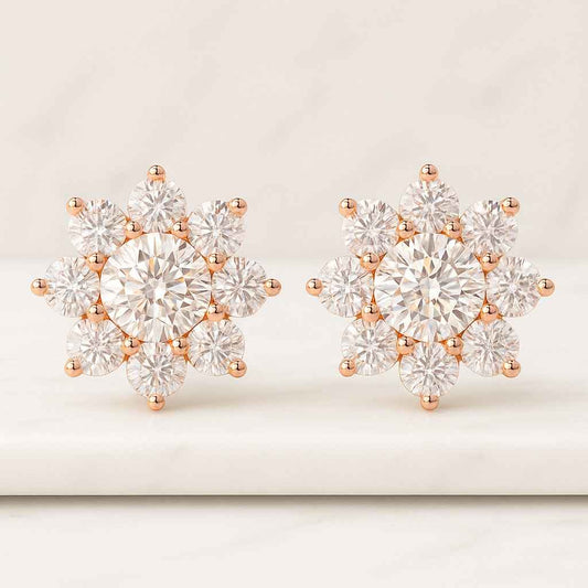 Diamond Halo Stud Earrings 18K Gold Round Solitaire Cluster, Brilliant Cut Wedding Anniversary Gift for Her