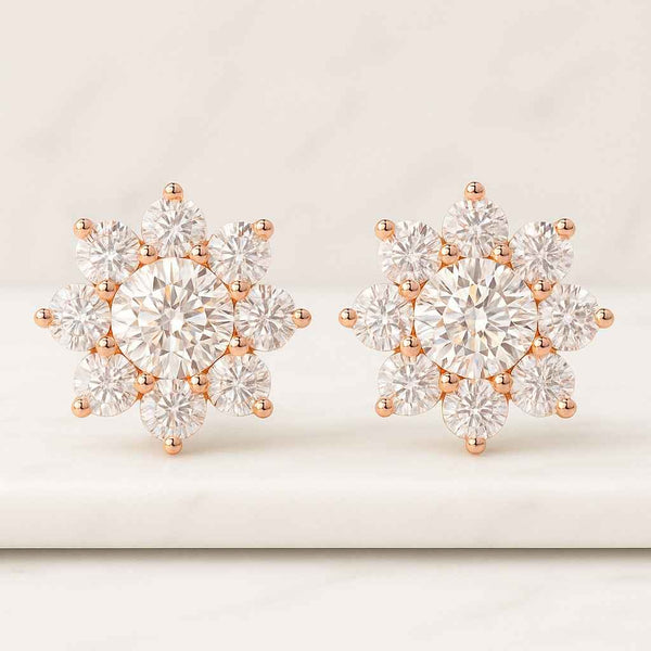 Diamond Halo Stud Earrings 18K Gold Round Solitaire Cluster, Brilliant Cut Wedding Anniversary Gift for Her