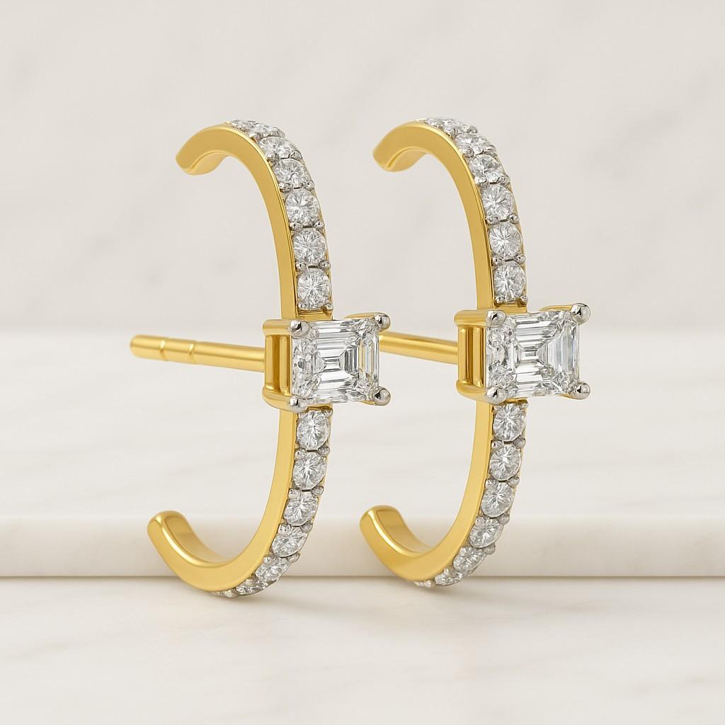 Diamond Huggie Hoop Studs  Fitted with Round And Emerald Diamonds  Solid Gold Earrings  Gift For Your Wife And Sister  Gold Hoop Studs