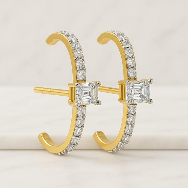 Diamond Huggie Hoop Studs  Fitted with Round And Emerald Diamonds  Solid Gold Earrings  Gift For Your Wife And Sister  Gold Hoop Studs