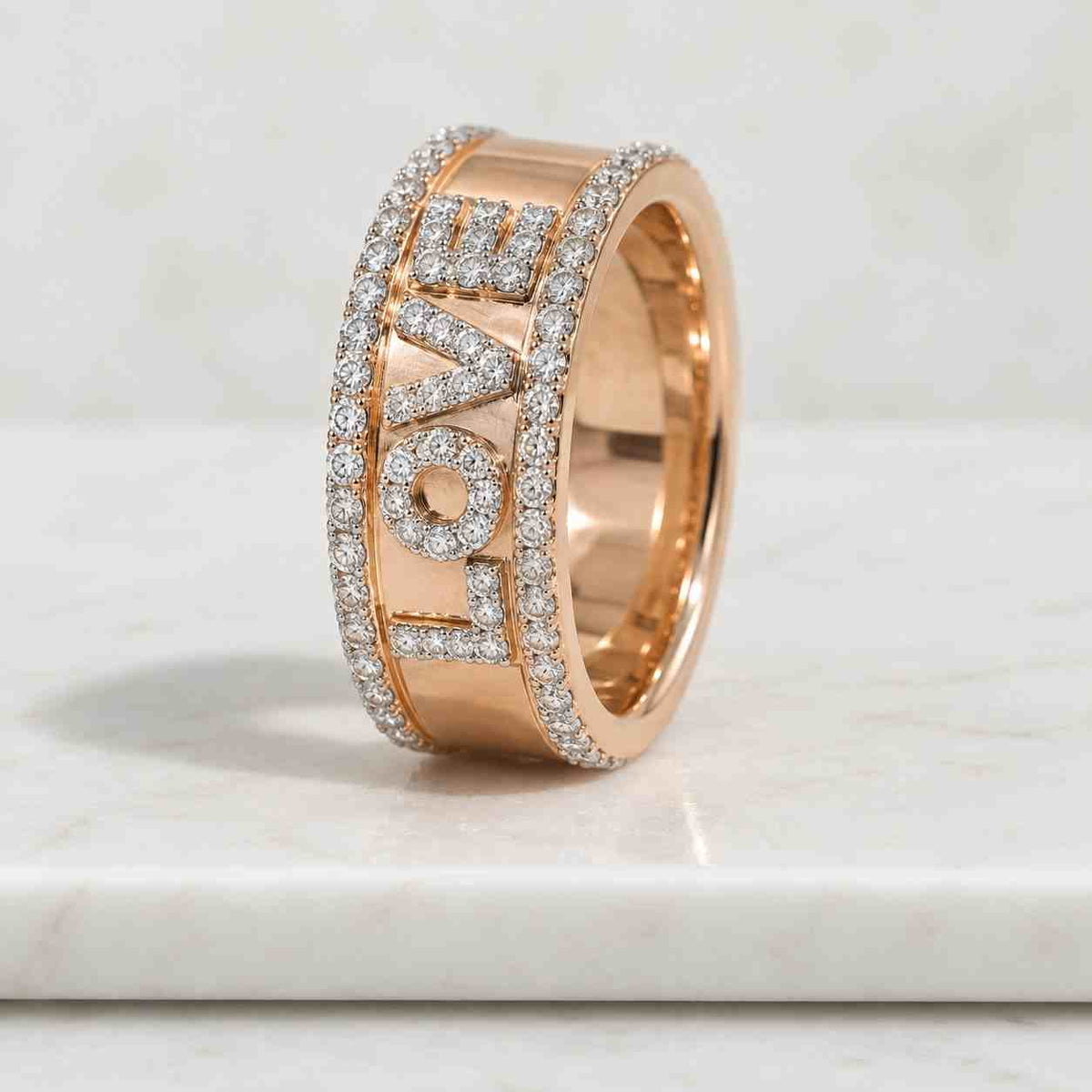 Diamond Love Script Ring, Pavé Cursive Word Ring, Lab or Natural Diamond, Solid 9K 10K 14K 18K Gold, Romantic Gift for Her
