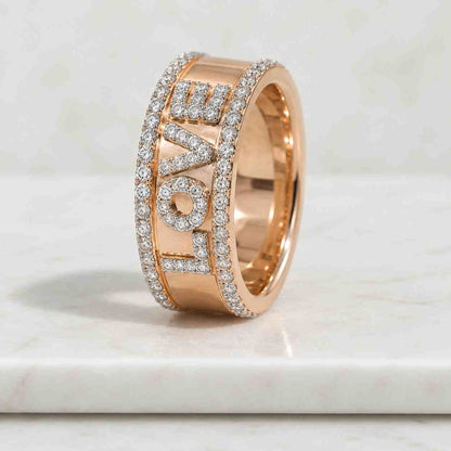 Diamond Love Script Ring, Pavé Cursive Word Ring, Lab or Natural Diamond, Solid 9K 10K 14K 18K Gold, Romantic Gift for Her
