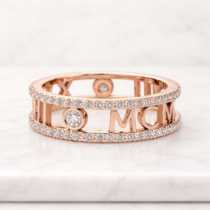 Roman Numeral Diamond Eternity Band 14K Rose Gold, Coordinates Ring ,Women Wedding Proposal Unique Diamond Eternity Wedding Gifted 14K Band
