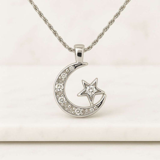 Diamond Moon and Stars Charm Necklace Crescent Moon Necklace Pave Diamond Charm Star Figures diamond setting Crescent Necklace
