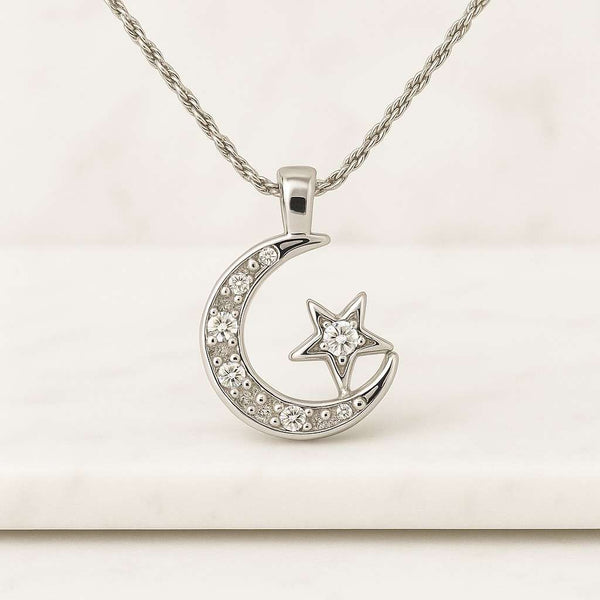 Diamond Moon and Stars Charm Necklace Crescent Moon Necklace Pave Diamond Charm Star Figures diamond setting Crescent Necklace