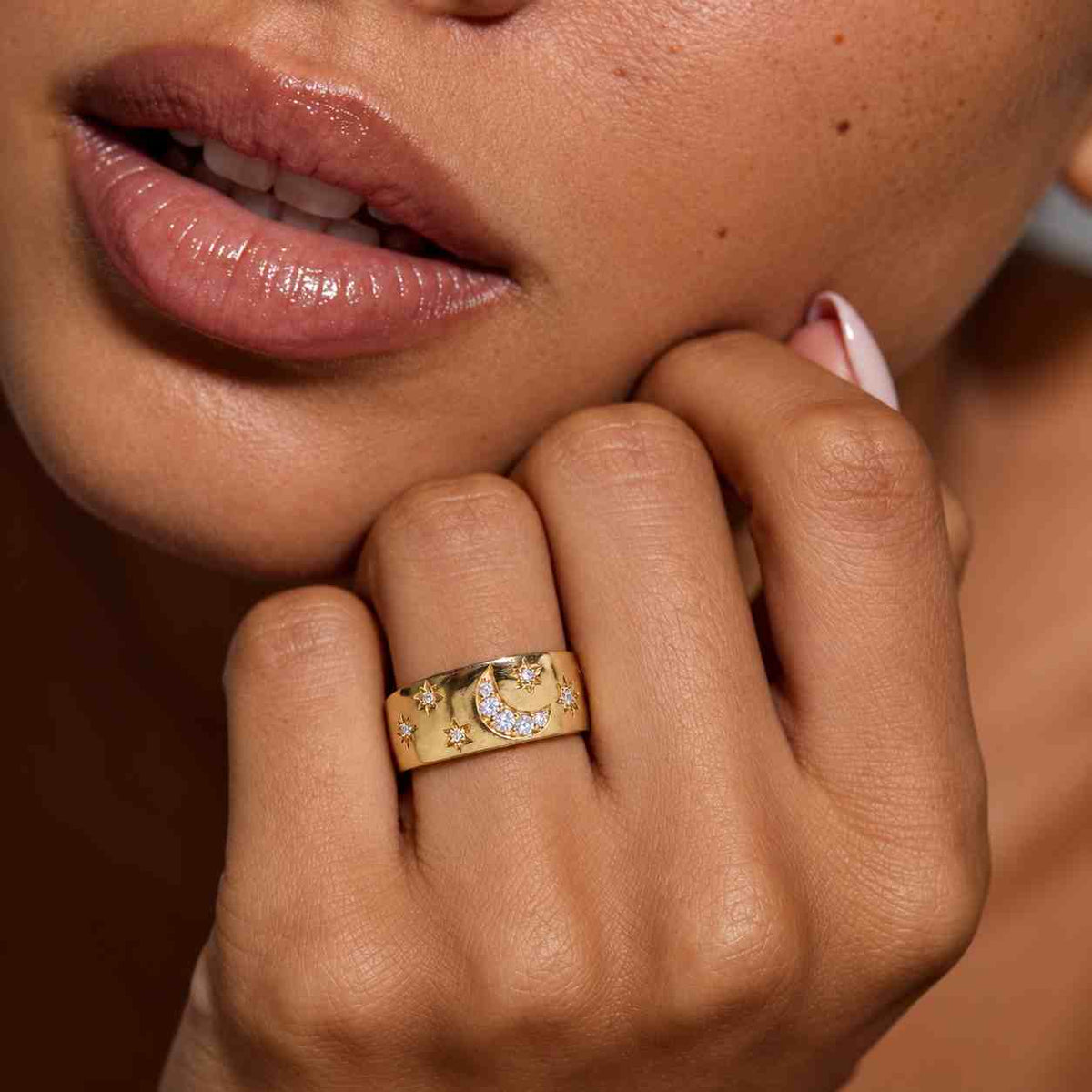18k gold diamond night sky cigar band, diamonds moon and stars wedding band, crescent celestial ring, fine handmade jewelry
