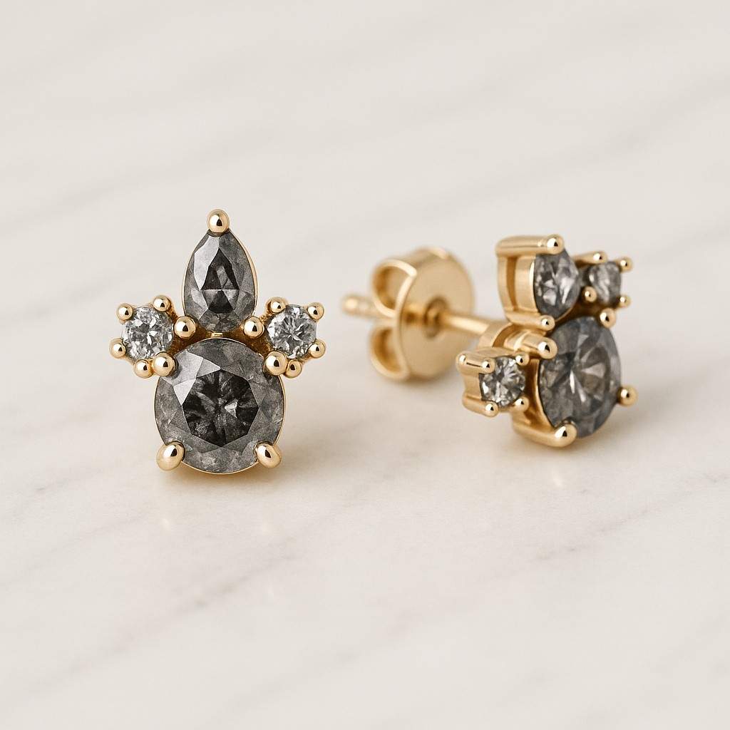 14K Gold Stud Earrings Minimalist Black Diamond Earrings Valentines Gift