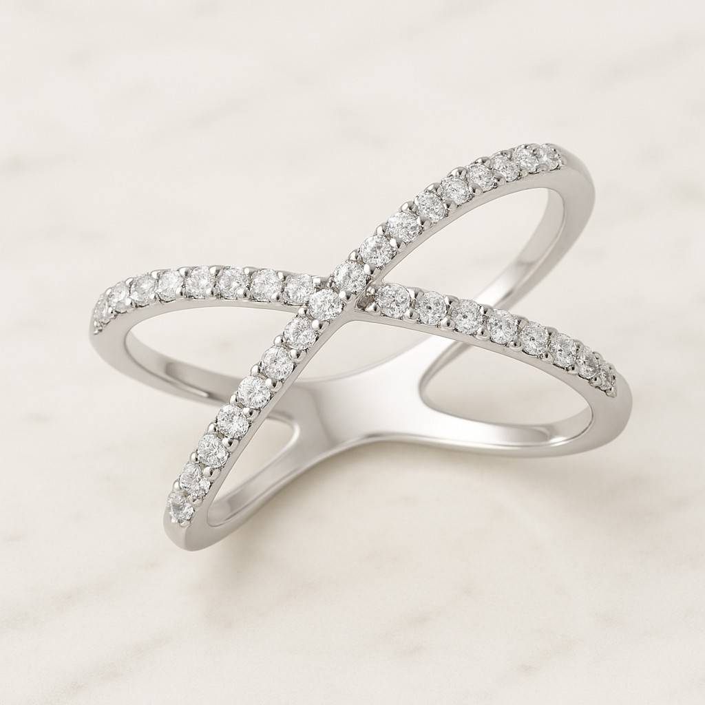 Diamond X Cluster Band Ring 14K Gold Criss Cross Dimond Cluster Ring Round Cut Natural Diamond Cross Over Ring