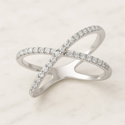 Diamond X Cluster Band Ring 14K Gold Criss Cross Dimond Cluster Ring Round Cut Natural Diamond Cross Over Ring