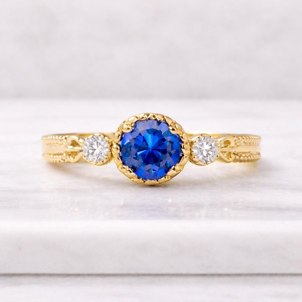 Vintage Round Cut Sapphire Engagement Ring 14K Yellow Gold Floral Engraved Ring Art Deco Promise Ring for Her September Birthstone Jewelry
