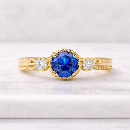Vintage Round Cut Sapphire Engagement Ring 14K Yellow Gold Floral Engraved Ring Art Deco Promise Ring for Her September Birthstone Jewelry
