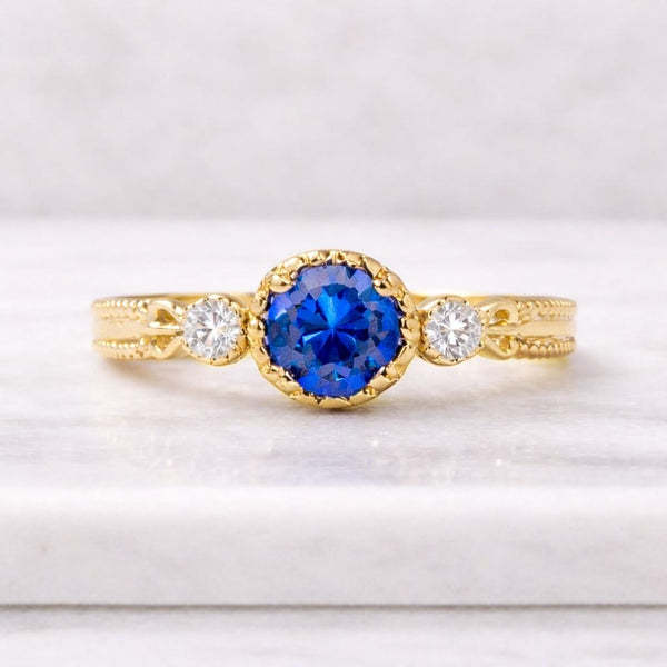 Vintage Round Cut Sapphire Engagement Ring 14K Yellow Gold Floral Engraved Ring Art Deco Promise Ring for Her September Birthstone Jewelry
