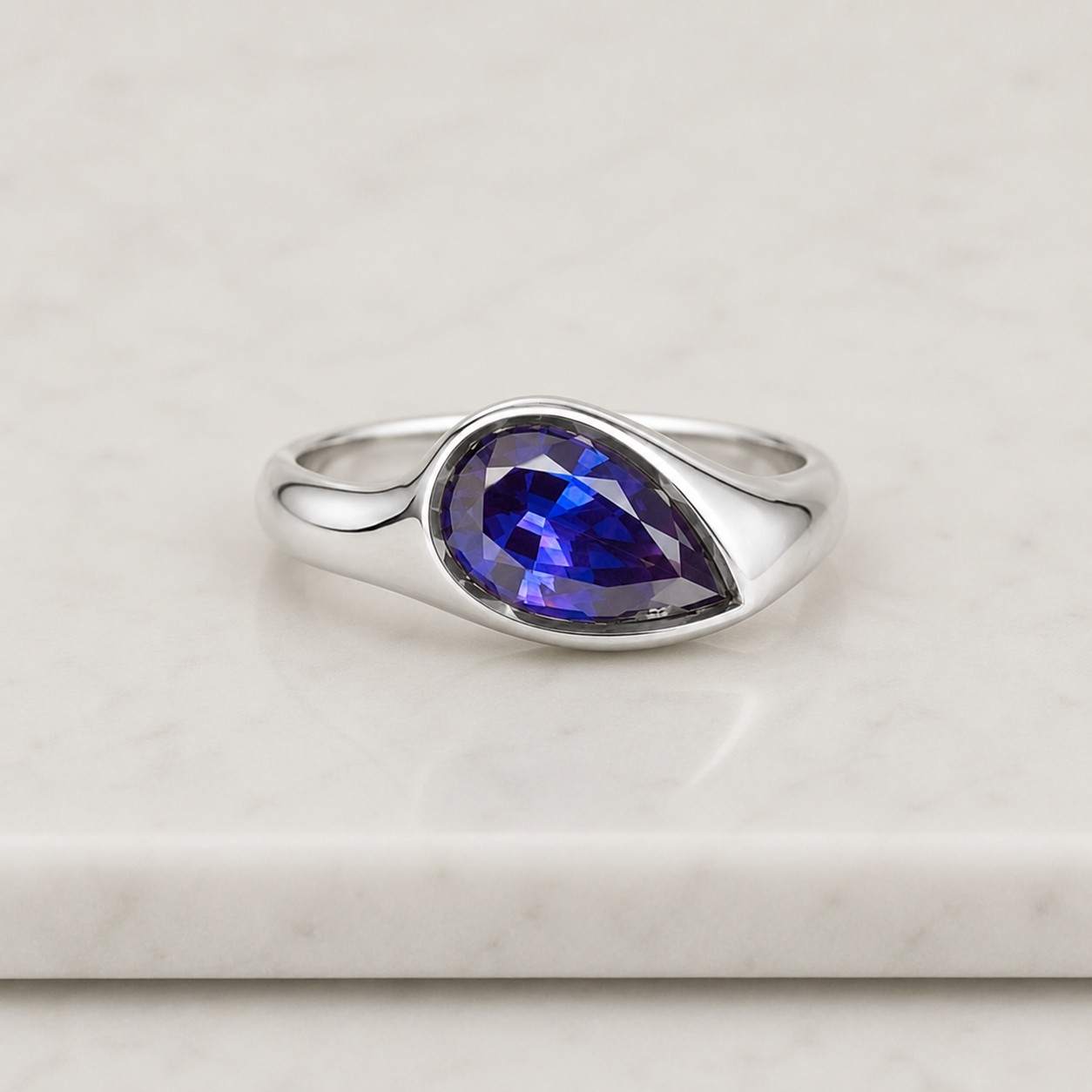 Dome Style Engagement Ring, Blue Sapphire Pear Cut Wedding Ring, Bezel Set Ring, Flush Ring