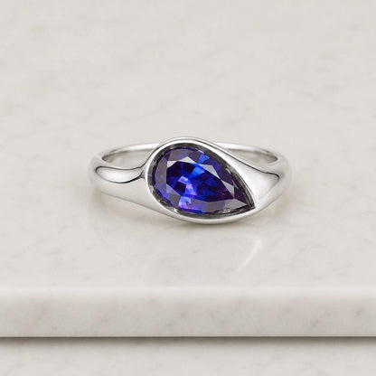 Dome Style Engagement Ring, Blue Sapphire Pear Cut Wedding Ring, Bezel Set Ring, Flush Ring