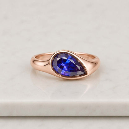 Dome Style Engagement Ring, Blue Sapphire Pear Cut Wedding Ring, Bezel Set Ring, Flush Ring, Solitaire Ring, Blue Stone Ring, 14K Gold Ring
