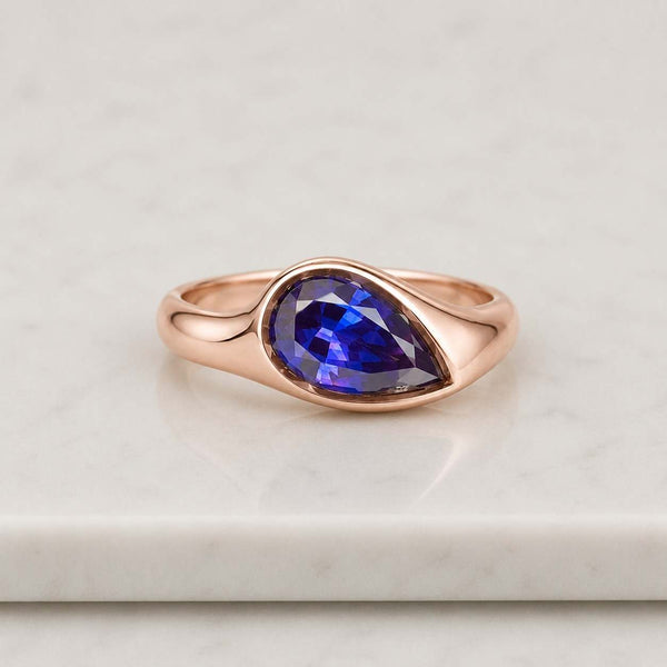 Dome Style Engagement Ring, Blue Sapphire Pear Cut Wedding Ring, Bezel Set Ring, Flush Ring, Solitaire Ring, Blue Stone Ring, 14K Gold Ring
