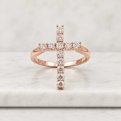 Diamond Cross Double Band Ring, Christian Faith Yellow Gold Ring, Unique Religious Jewelry
