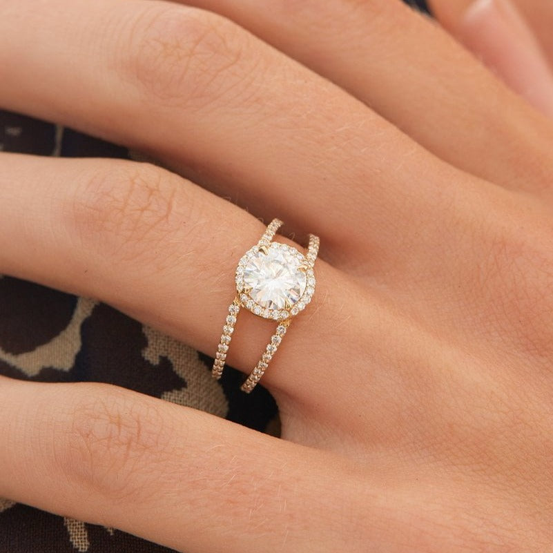 Double Band Wedding Ring, Round Solitaire Accent Engagement Ring