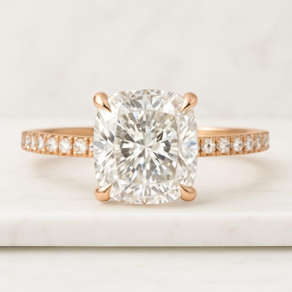 Double Claw Prong Setting  Wedding Ring Cushion Cut Lab Grown Diamond Ring Solitaire Hidden Halo Engagement Ring