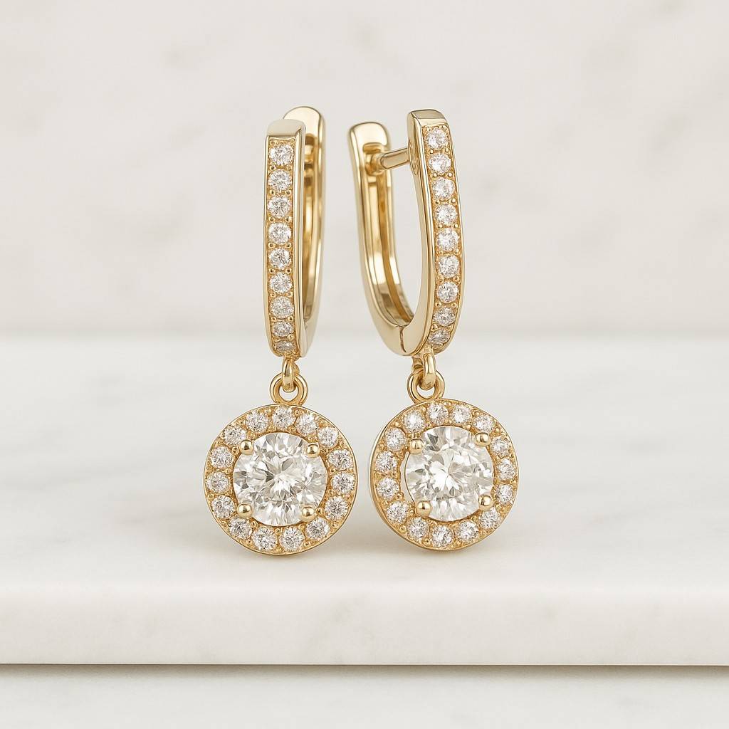 Double Halo CZ Dangle Huggies Rhodium Plated White Brass Earrings Lab Diamond Hoop Earrings 2.64 Carat Gold Plated Sterling Silver