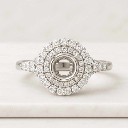 Double Halo Engagement Ring Champagne Pear with Round cut Double Halo Bridal Silver Ring